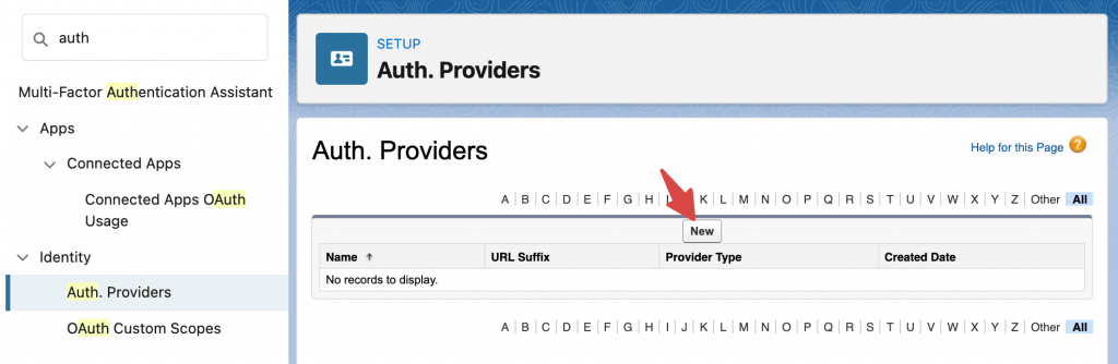 New Authorization Provider button in Salesforce Setup