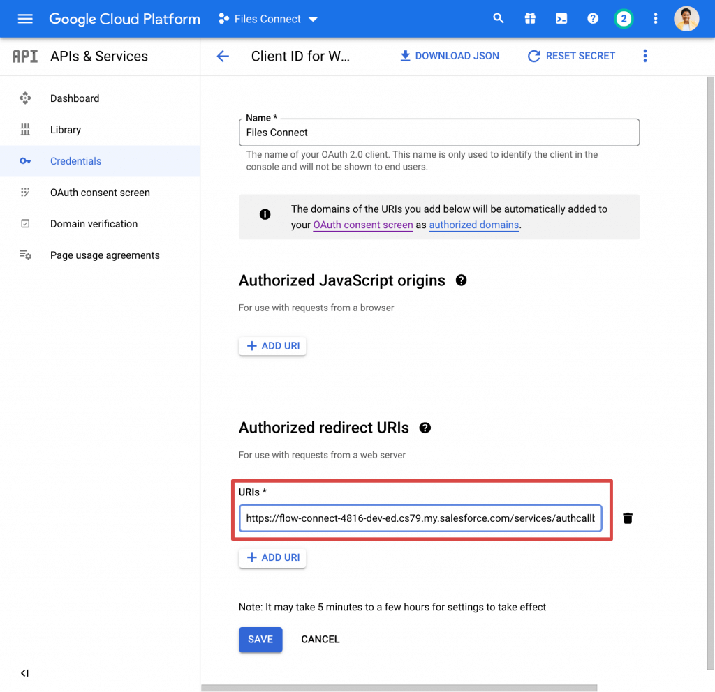 Position of callback url pasted into credentials screen in Google Developers Console