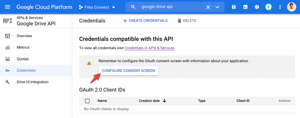 Position of Configure Consent Screen button in Google Developers Console