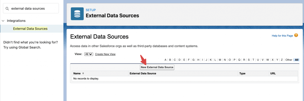 Position of New External Data Source button in Salesforce Setup