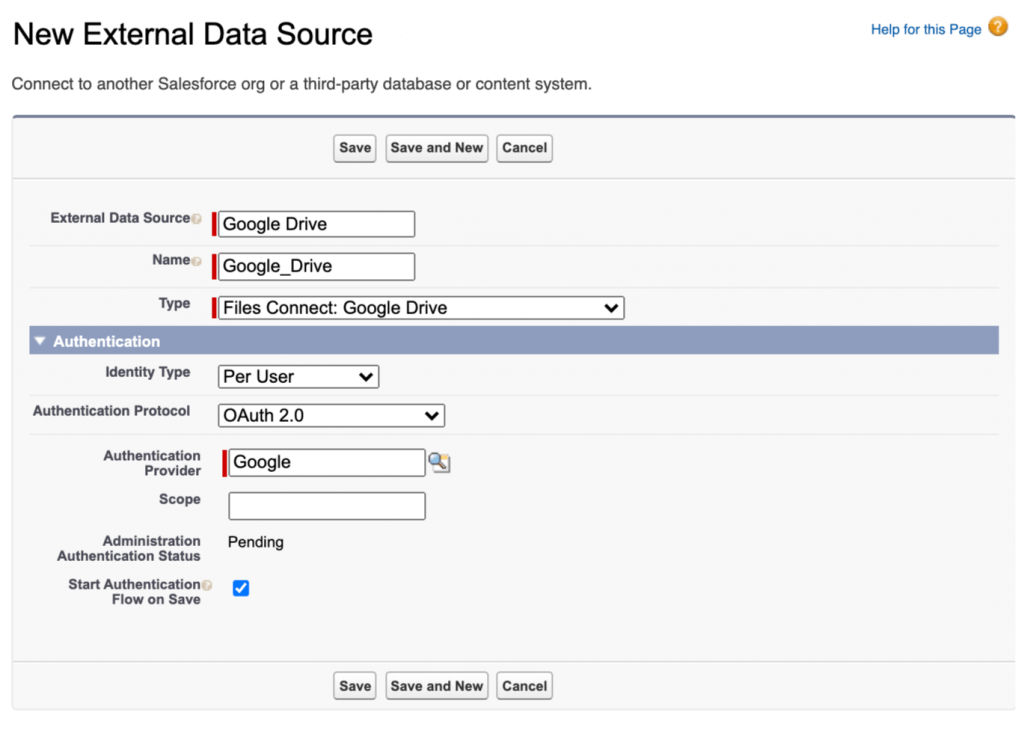 New External Data Source screen in Salesforce Setup