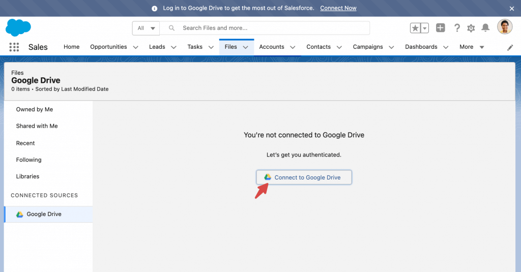 Connect to Google Drive button in Salesforce Files tab