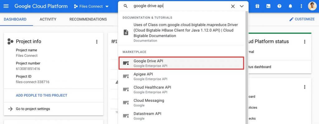 Position of Google Drive API menu option within Google Developers Console