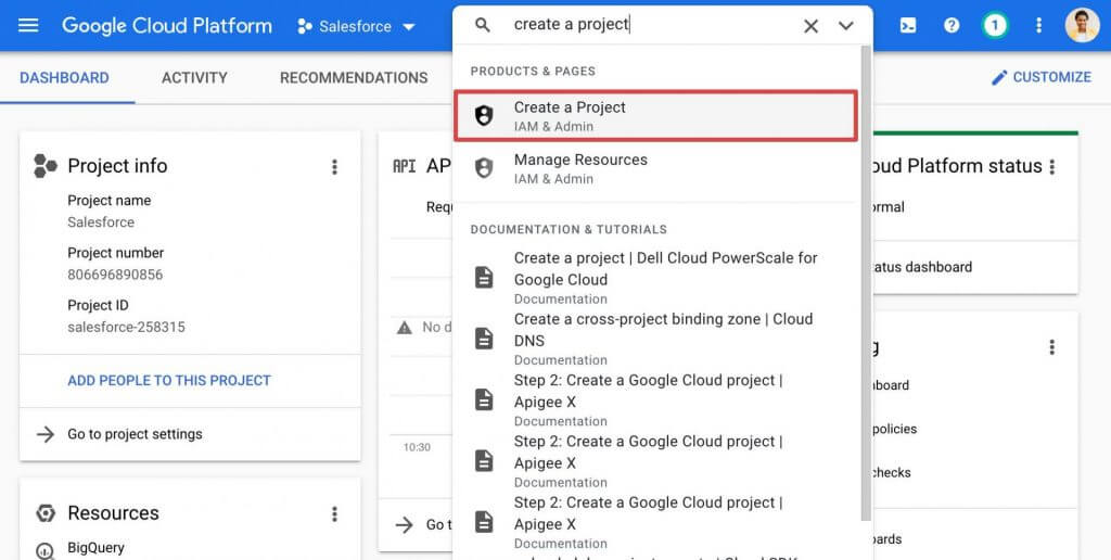 Position of Create a Project menu option within the Google Developers Console