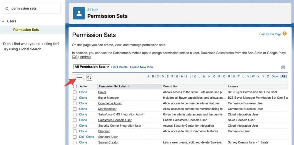 Position of New Permission Set button