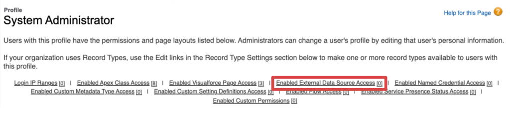 Position of Enabled External Data Source Access link in profile overview