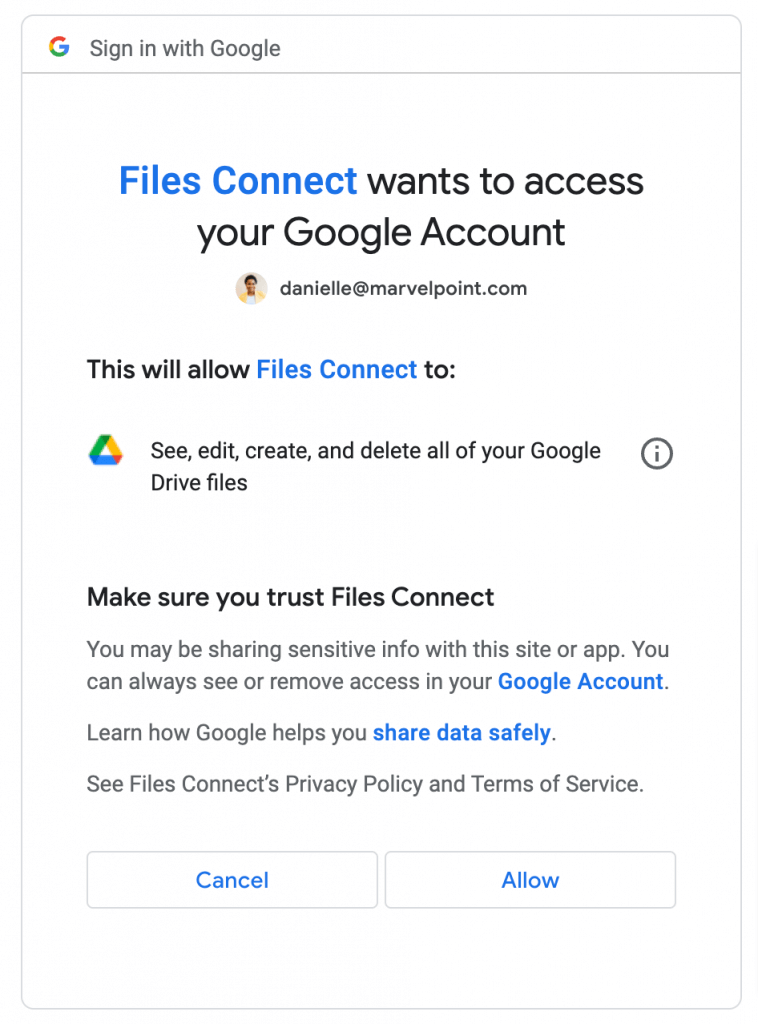Google account Oauth screen requesting access permission for Files Connect