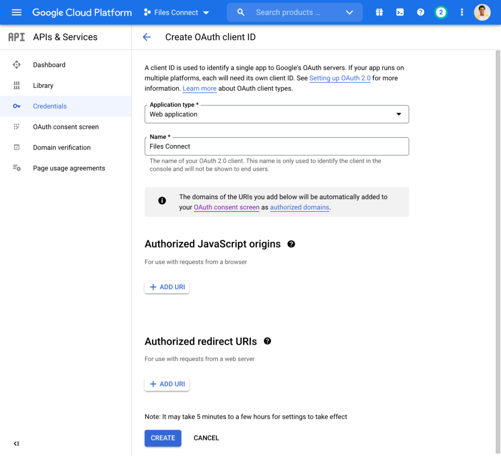 Create Oauth Client ID screen in Google Developers Console