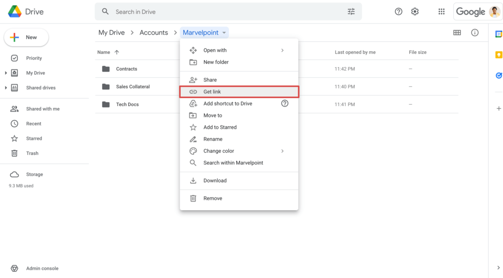 Position of the Get Link menu option in Google Drive