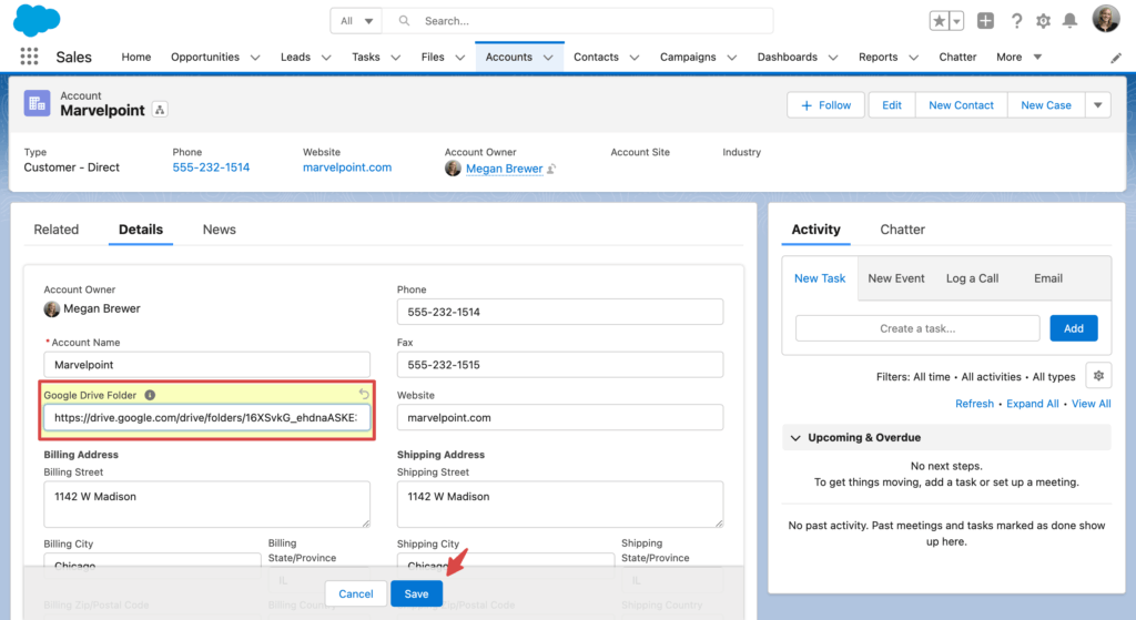 New URL field in Salesforce with Google Drive link inserted