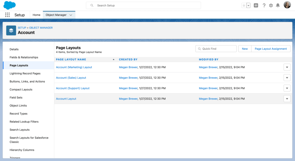Page Layouts screen in Salesforce Setup