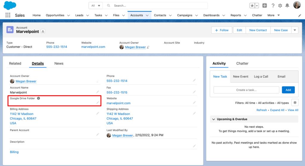 Position of the new URL field on a Salesforce account page