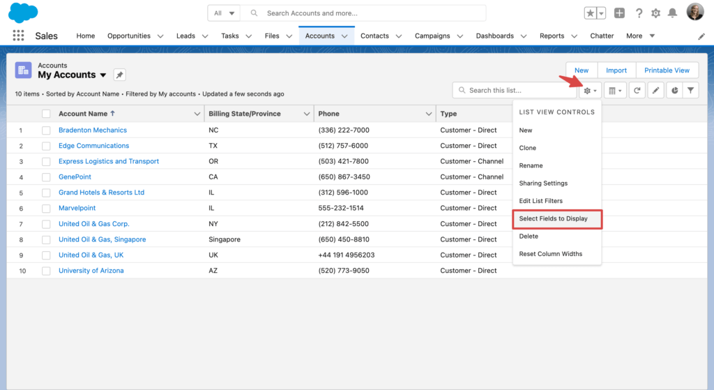 Position of the Select Fields to Display menu item 