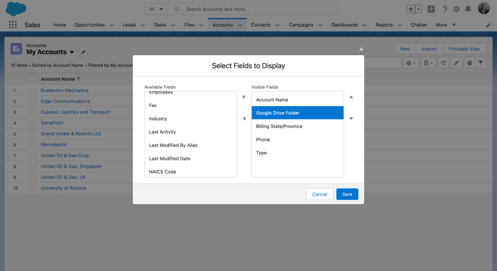 Moving the new field to the Visible Fields column in the Select Fields to Display modal
