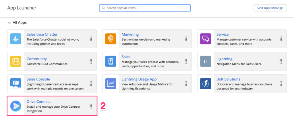 Location of Drive Connect app within Salesforce App Launcher