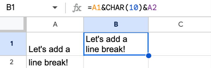 Combining information from two different cells with a line break in between with a formula