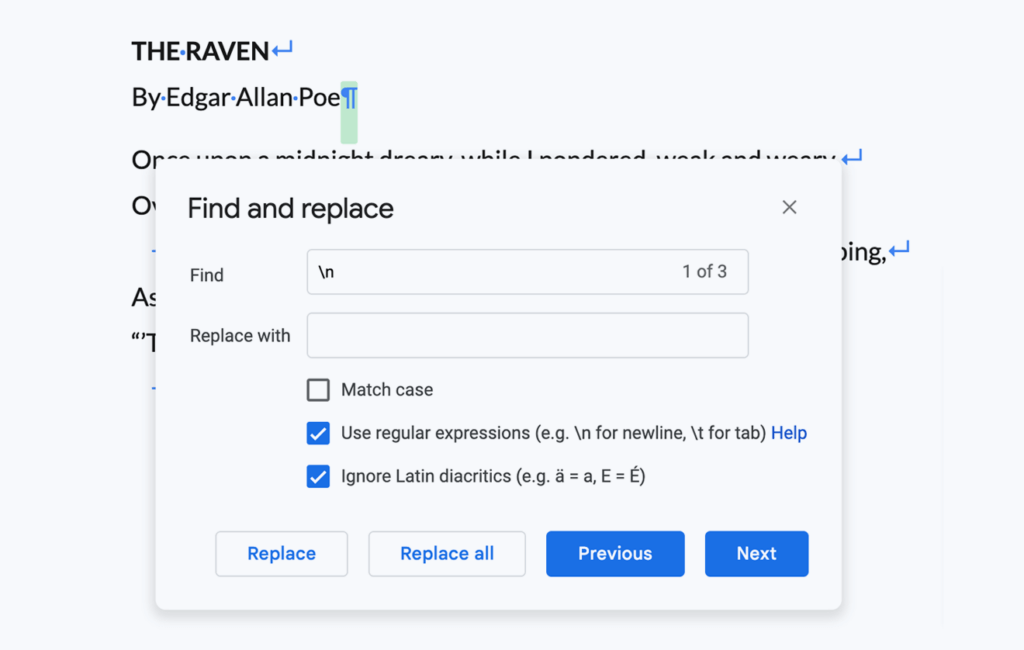 An screenshot of what it looks like to use the Find & Replace function to identify a hard break with the \n regex reference