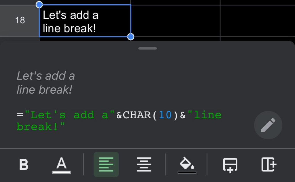 Adding a line break in Google Sheets for iOS