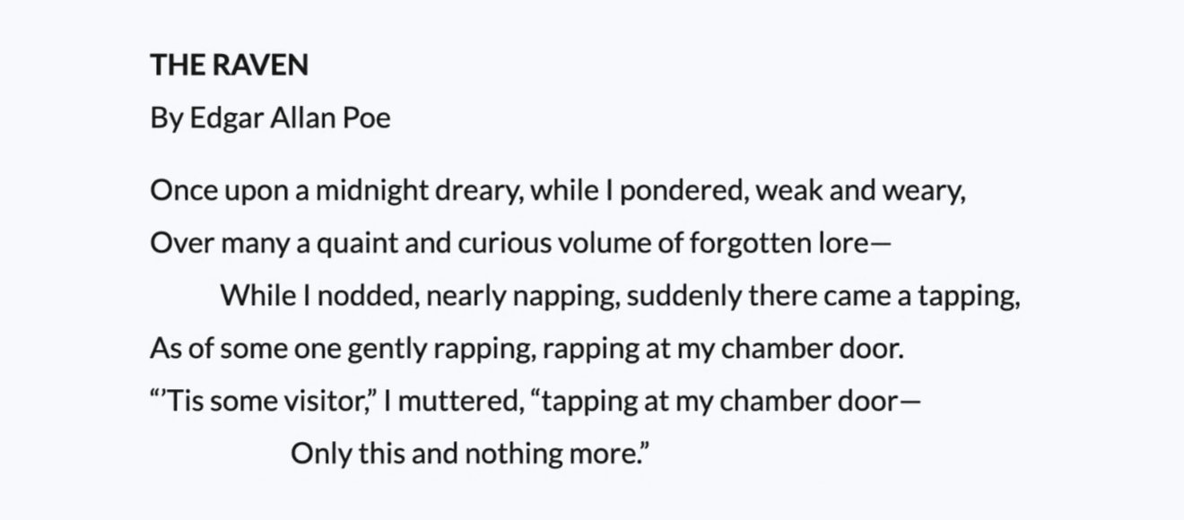 The first stanza of Edgar Allan Poe's The Raven with formatting characters toggled on and off