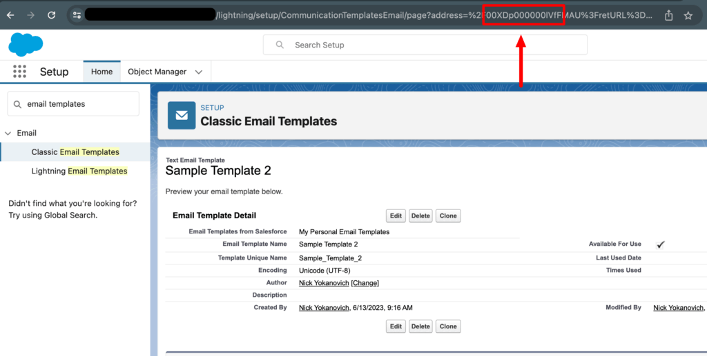 Image highlighting the 15-character string in the URL of the Email Template page of a sample email template. 