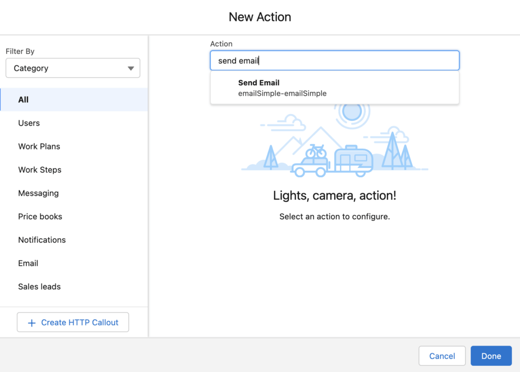 The "Send Email" text is entered into the Action box in the New Action module. A dropdown menu displays "emailSimple-emailSimple."