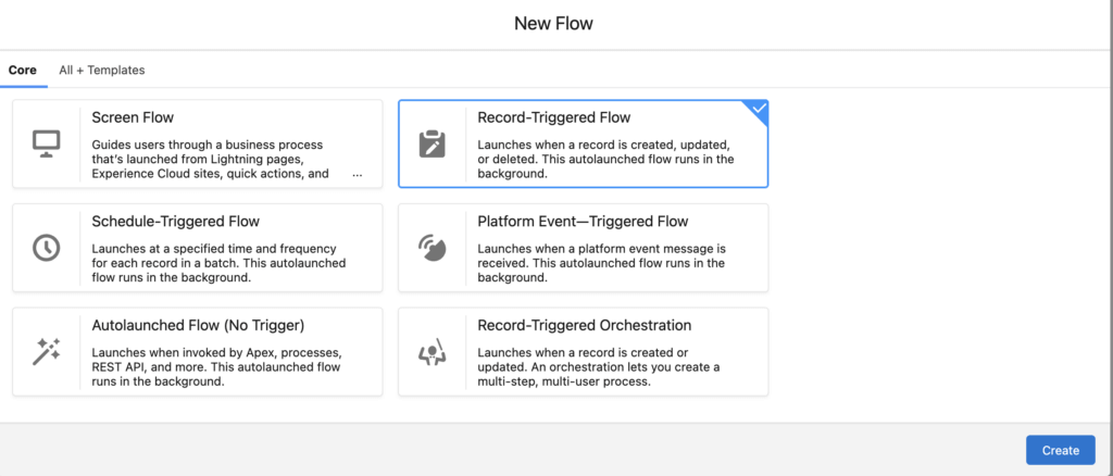 Image displaying the New Flow module with "Record Trigger Flow" as the selected core.