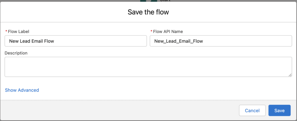 A module titled Save the flow is open with a flow label of "New Lead Email Flow" and a Flow API name of "New_Lead_Email_Flow" 