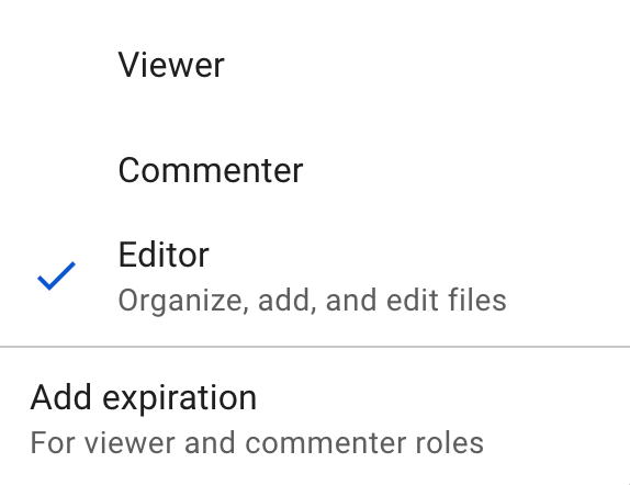 The folder's sharing permissions are shown with "Editor" selected.