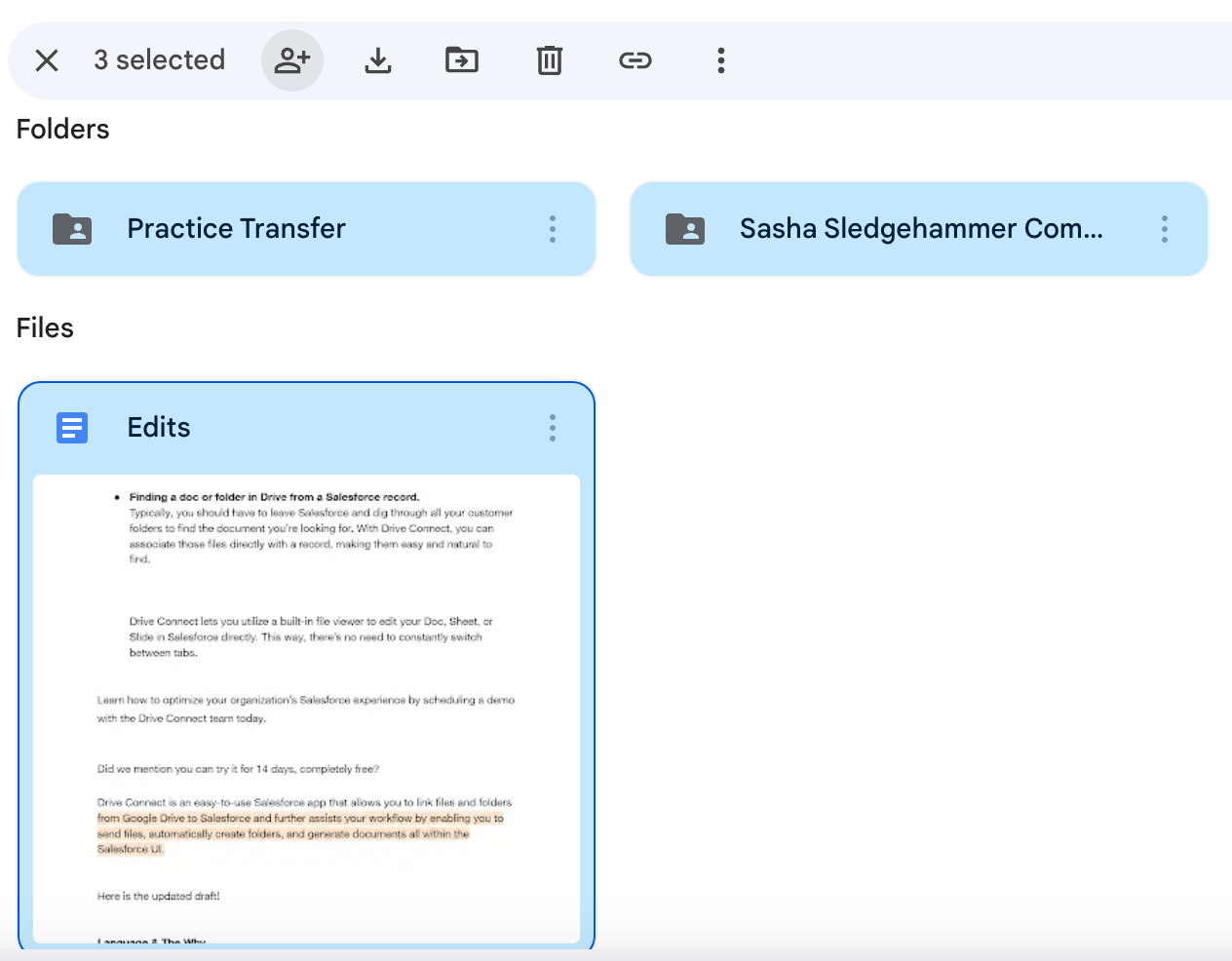 Multiple documents and folders within the transferred Google Drive folder are highlighted with the share button at the top emphasized. Indicating you can alter the sharing permissions of all these items with a single action.