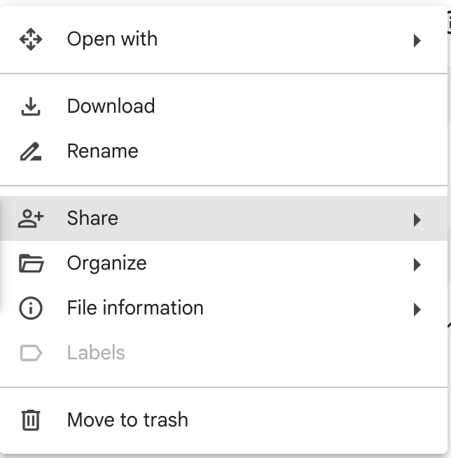 The "Share" option is highlighted within the Google Drive folder's options.