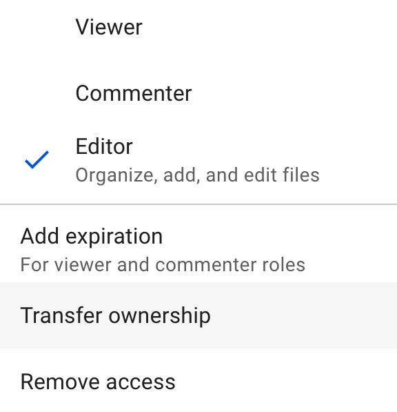 A new sharing permission is shown and highlighted within the Drive folder's share settings labeled, "Transfer ownership".