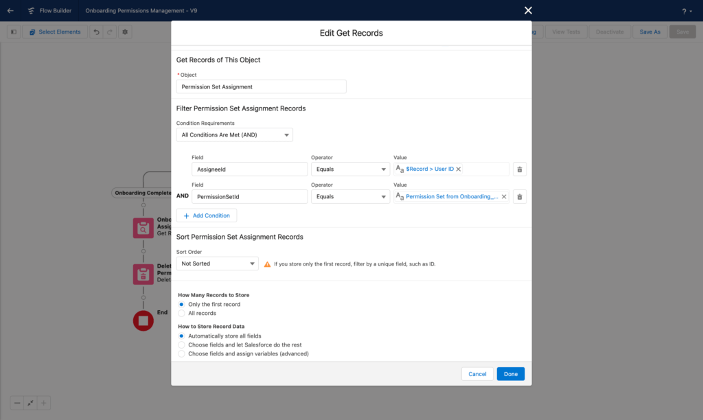 Salesforce Flow modal showing a Get Records action