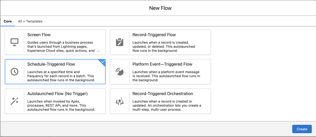 New Flow menu with "Scheduled-Trigger Flow" highlighted