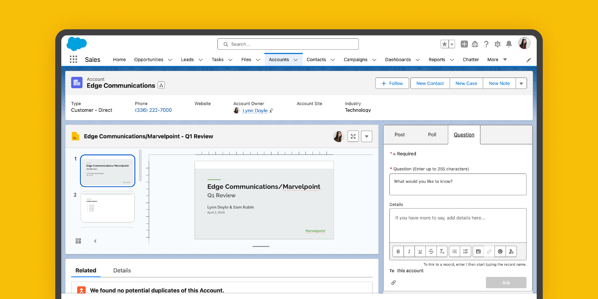 Google Sheets document embedded in a Salesforce record page