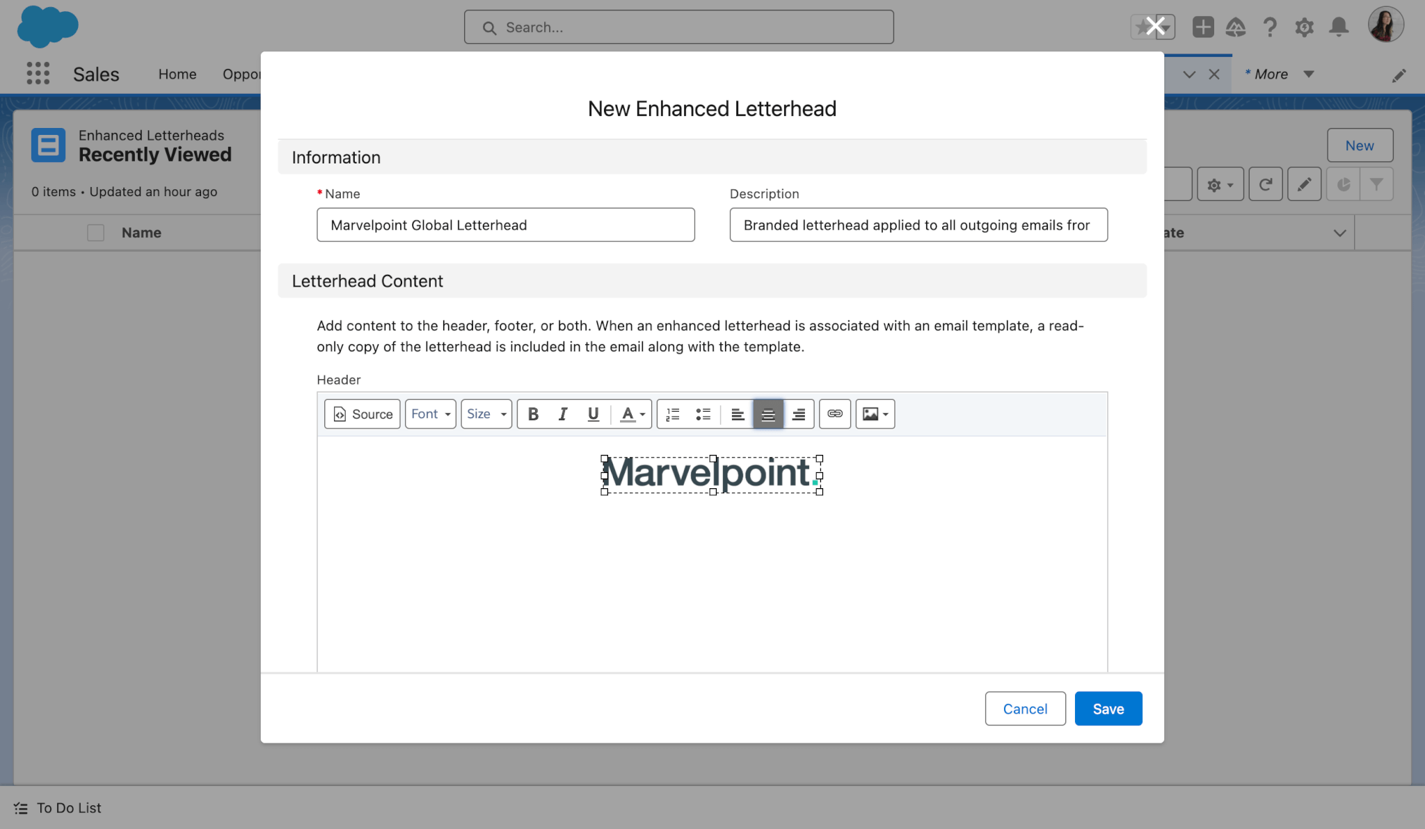 Enhanced Letterhead creation modal with header section in view