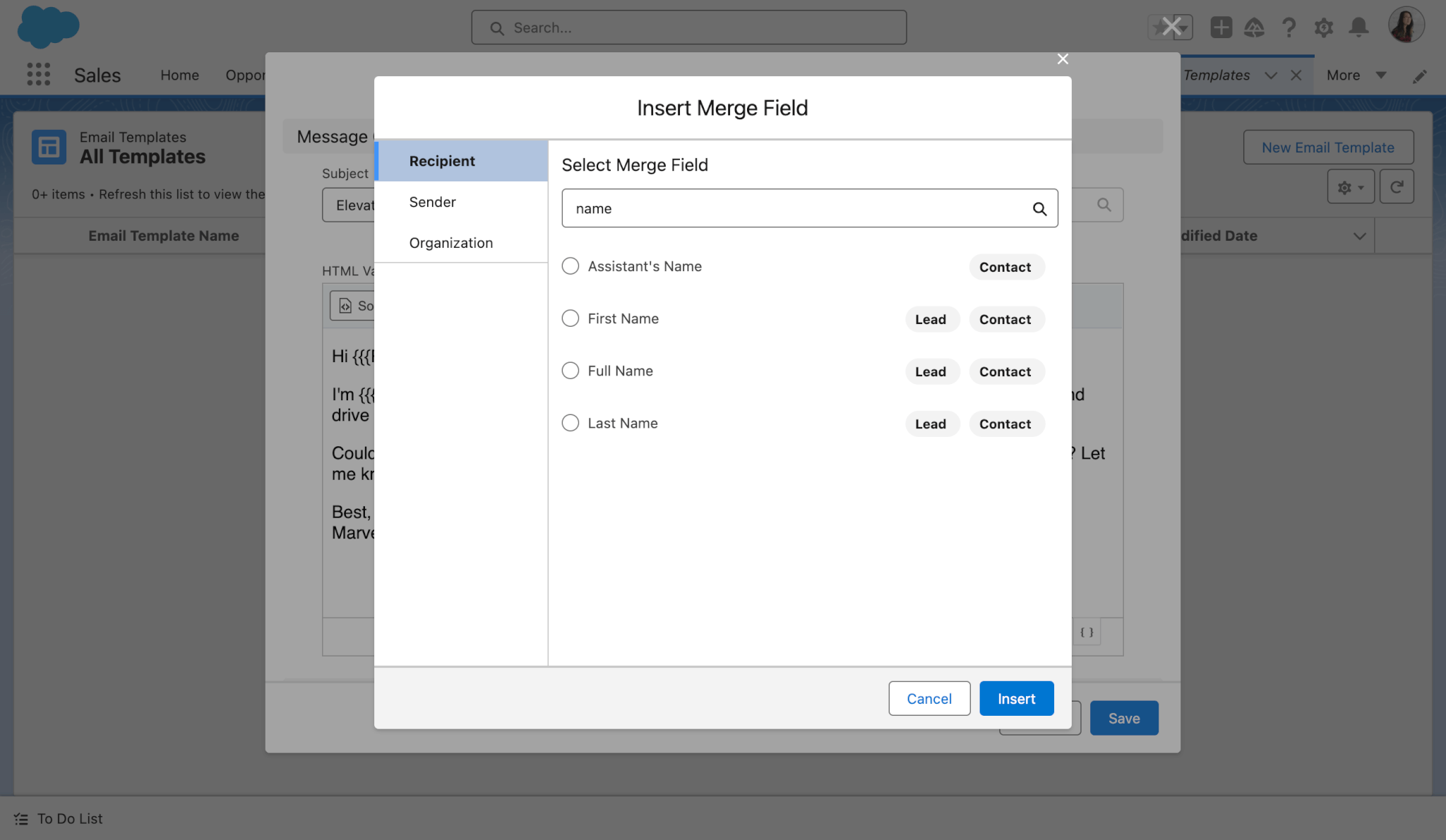 Insert Merge Field modal with available merge fields displayed