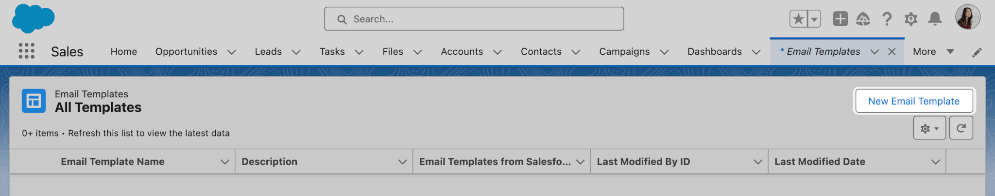 Salesforce Email Template list view with Add New button highlighted