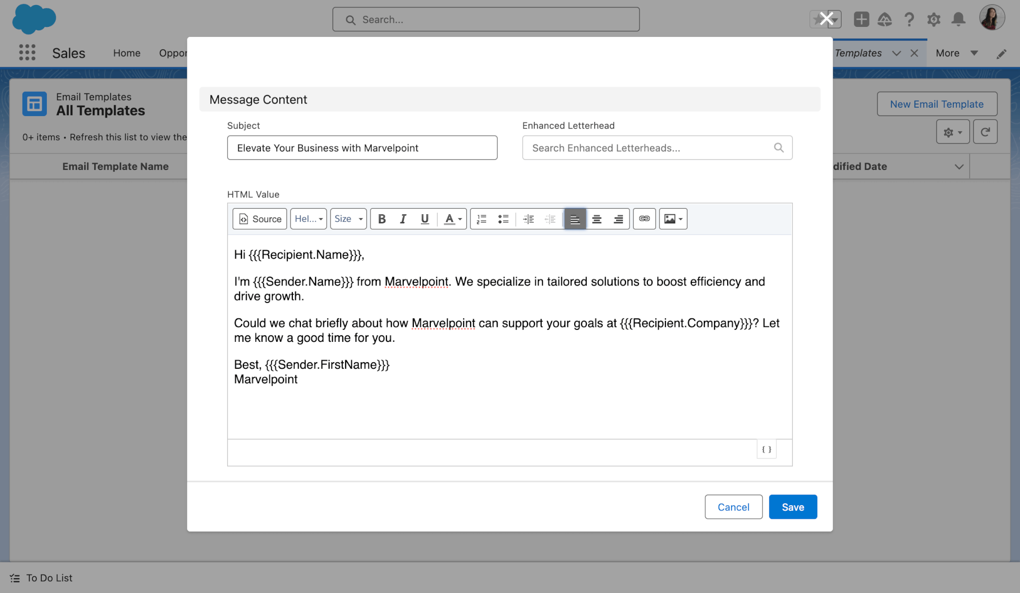 Body text input in the New Email Template modal