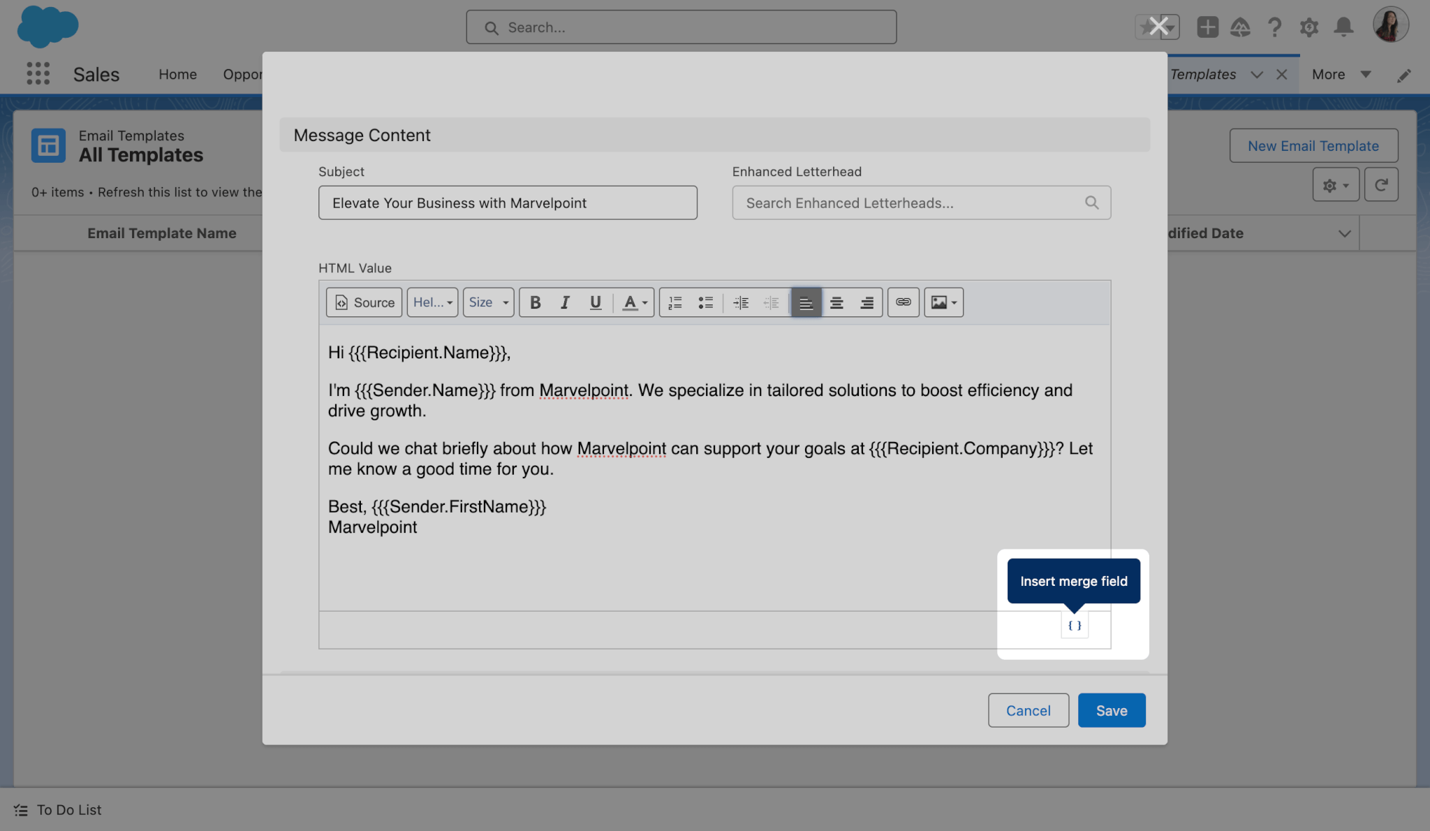 New Email Template modal with the Insert Merge Field button highlighted